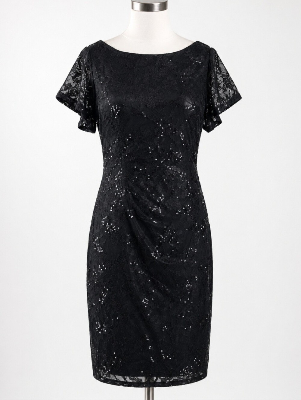 NWT Black Sequin Embellished Flutter Sleeve Midi Cocktail Dress Sz 10